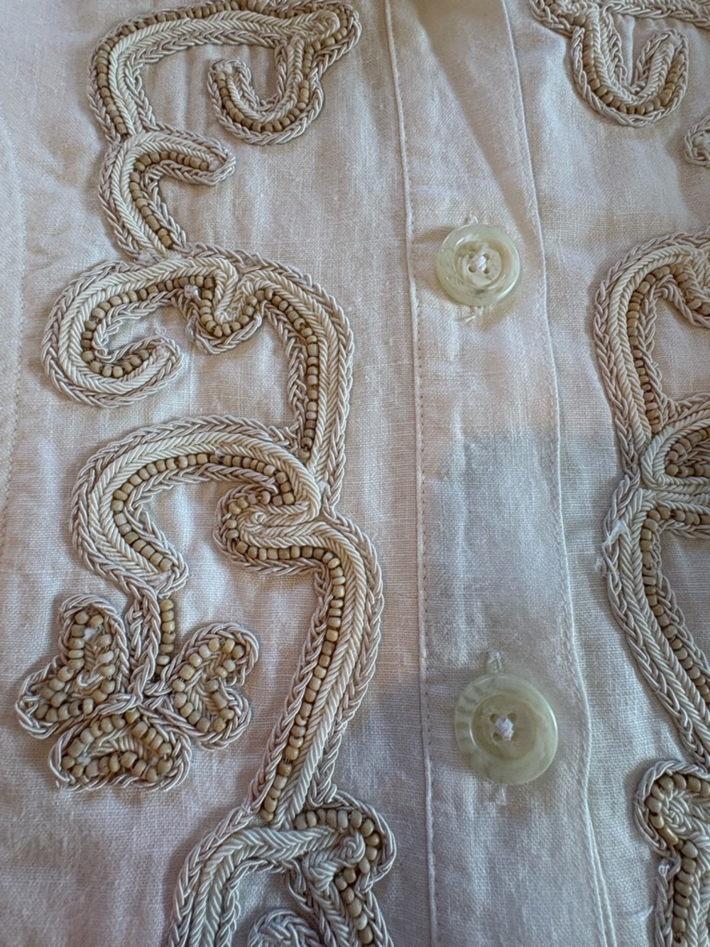 Chico’s Ivory Linen Beaded Blazer Coastal Grandma Boho Jacket Size 2 (L) - Picture 5 of 9